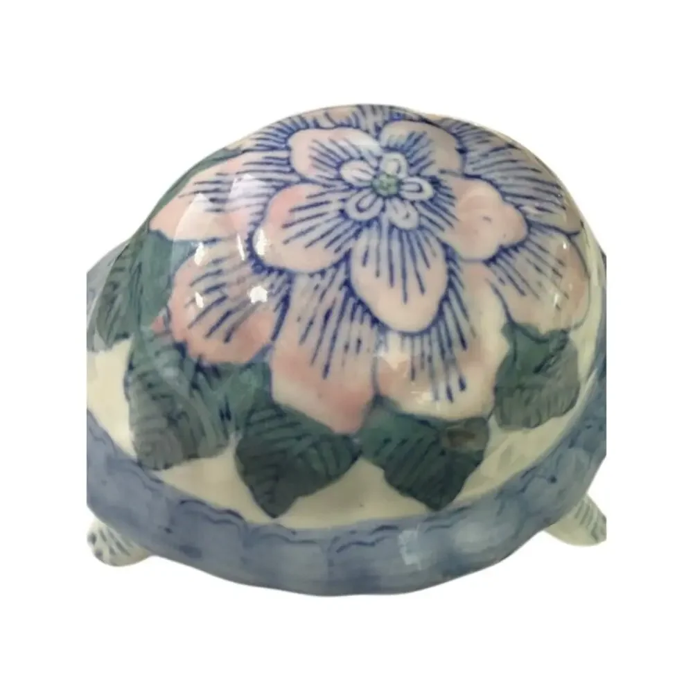 Vintage Ceramic Turtle Trinket Jewelery Box Lidded Pink Blue Flower 6